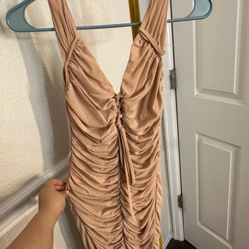 Elegant Tan Ruched Dress